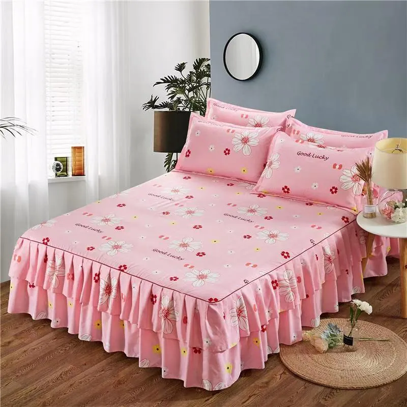 Bilateral pure cotton bed skirt set in blue with even drape on both sides of a Simmons bed