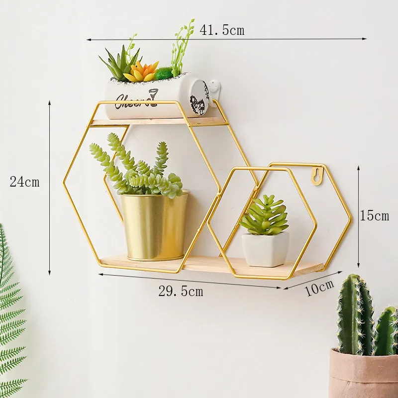 Single-layer iron wall shelf with solid wood shelf in gold colour, European style, hook-type installation