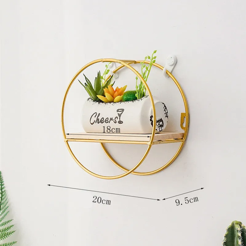 Single-layer iron wall shelf with solid wood shelf in gold colour, European style, hook-type installation