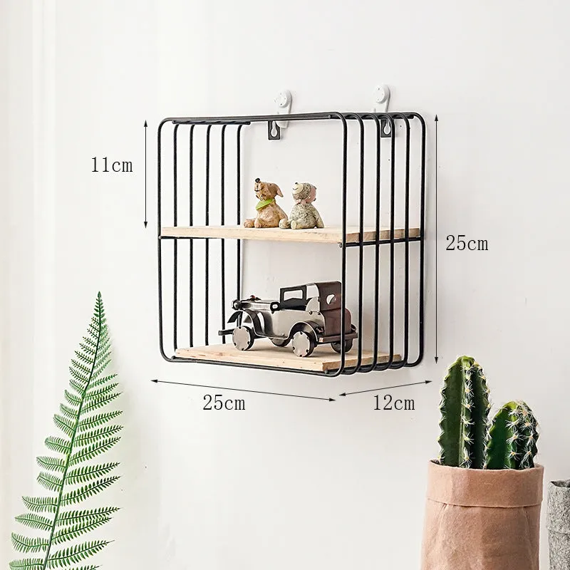 Single-layer iron wall shelf with solid wood shelf in gold colour, European style, hook-type installation