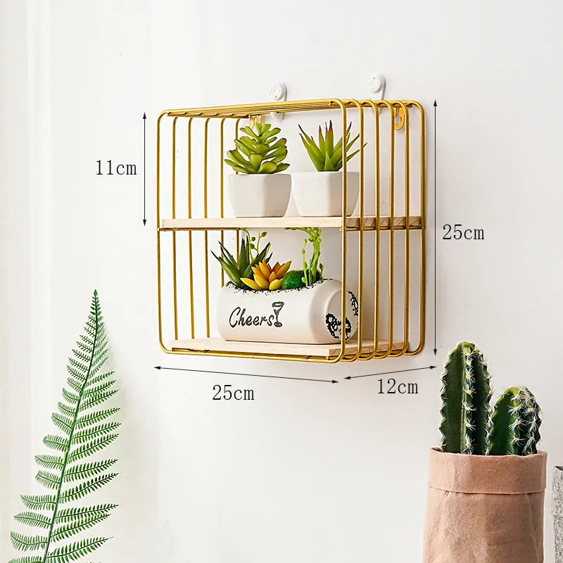 Single-layer iron wall shelf with solid wood shelf in gold colour, European style, hook-type installation