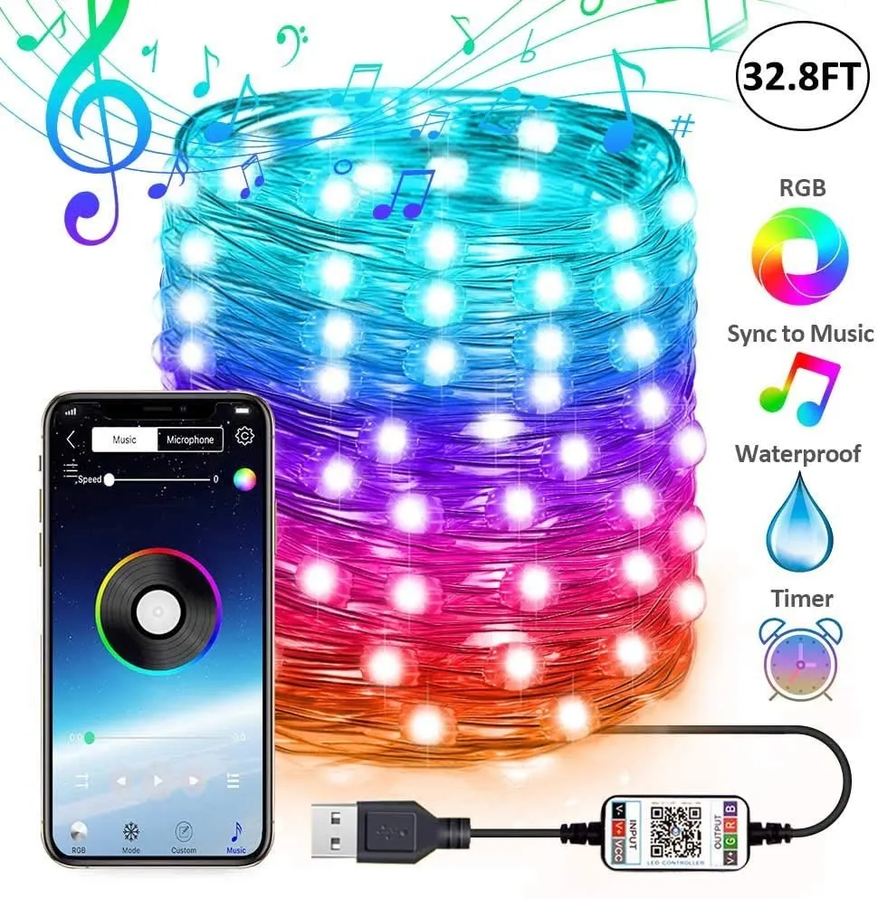 New Bluetooth Christmas tree decoration light with 100 LED beads on 10m string, IP65 rated, remote control for RGB colour