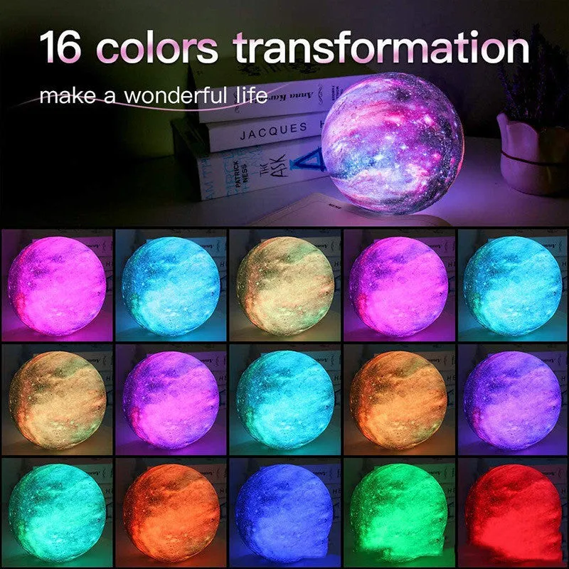 3D printed moon lamp with USB charging and remote control showing 16 colour options, PVC shade, 12-20cm sizes
