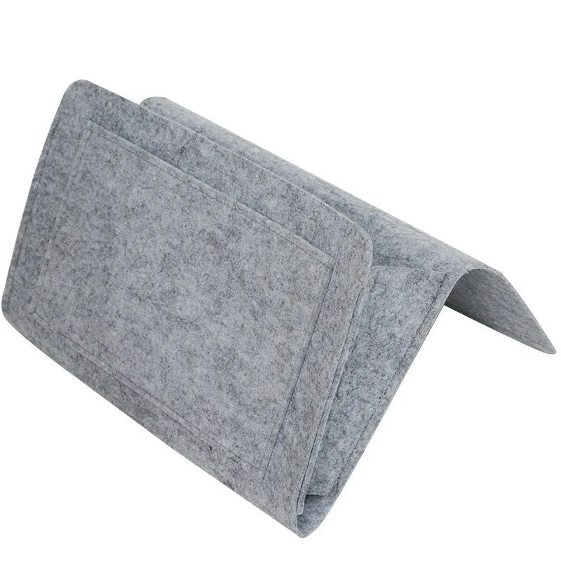 Felt bedside storage bag with multiple pockets in light grey, 30x20x10 cm, for remote controls and books