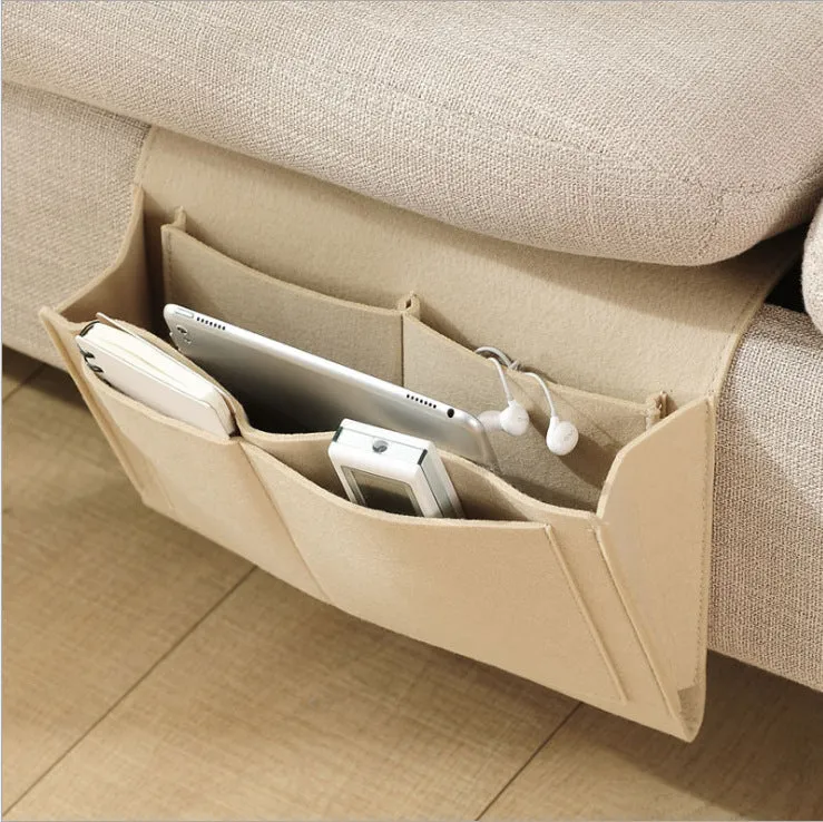 Felt bedside storage bag with multiple pockets in light grey, 30x20x10 cm, for remote controls and books