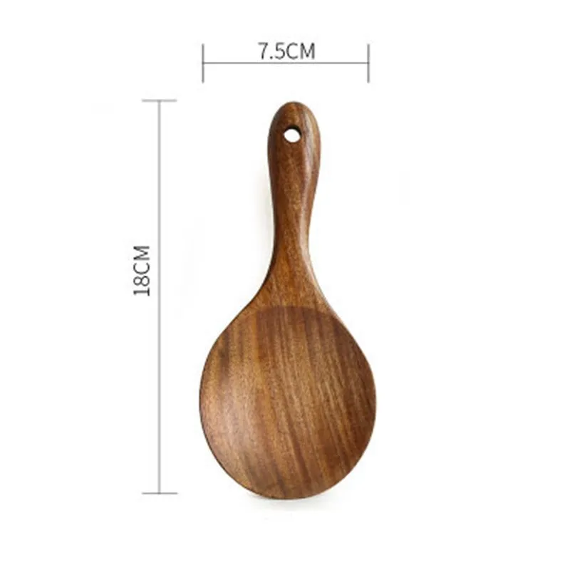 Teak wood kitchenware set with six cooking utensils including frying shovel and soup spoons