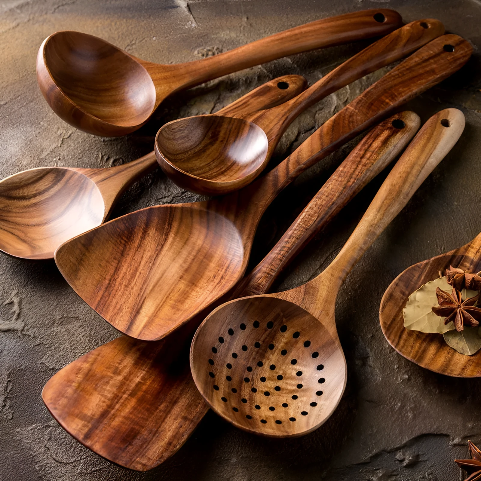 Teak wood kitchenware set with six cooking utensils including frying shovel and soup spoons