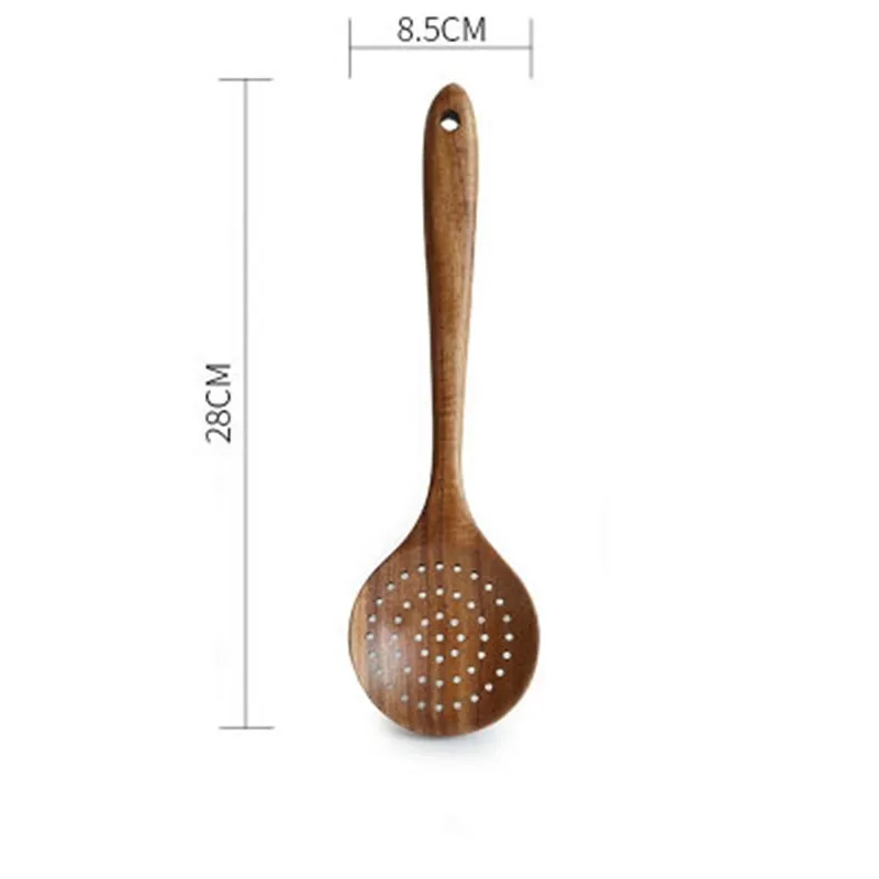 Teak wood kitchenware set with six cooking utensils including frying shovel and soup spoons