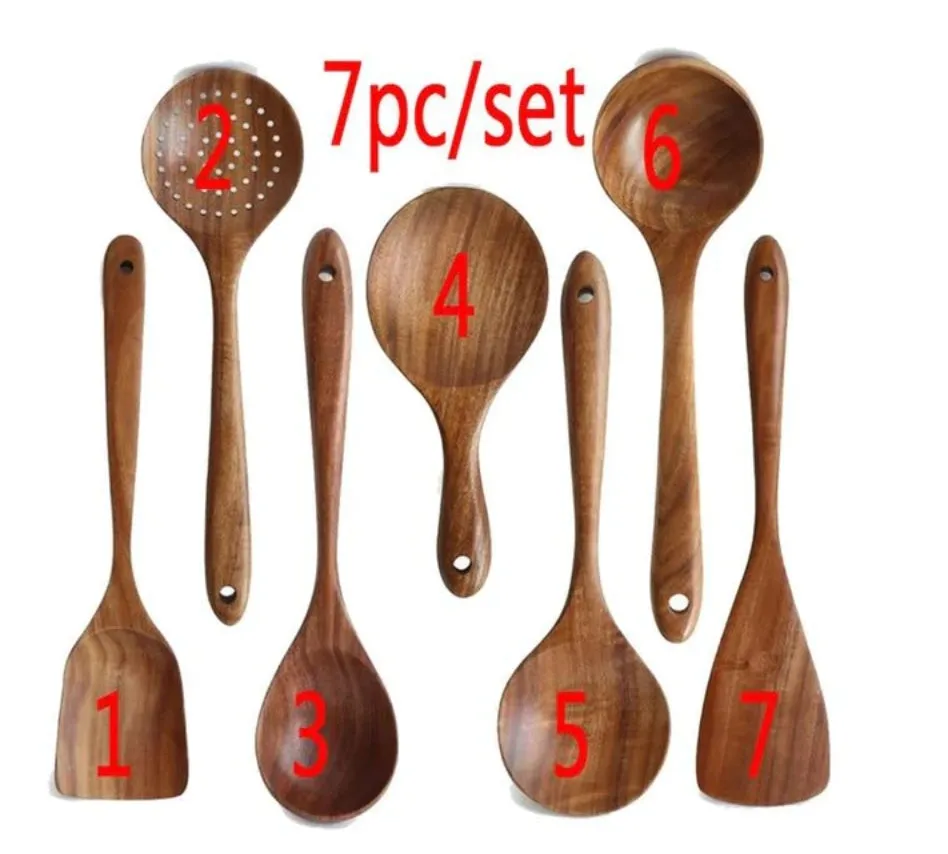 Teak wood kitchenware set with six cooking utensils including frying shovel and soup spoons