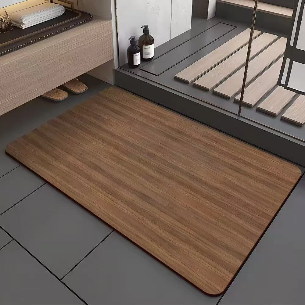 Square American style bathroom floor mat with wood grain geometric pattern in diatom ooze material.