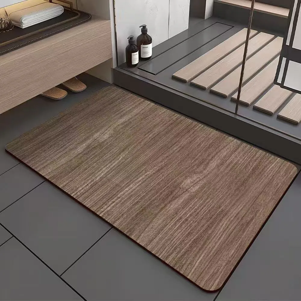 Square American style bathroom floor mat with wood grain geometric pattern in diatom ooze material.