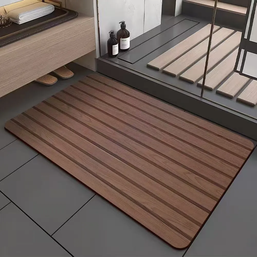 Square American style bathroom floor mat with wood grain geometric pattern in diatom ooze material.
