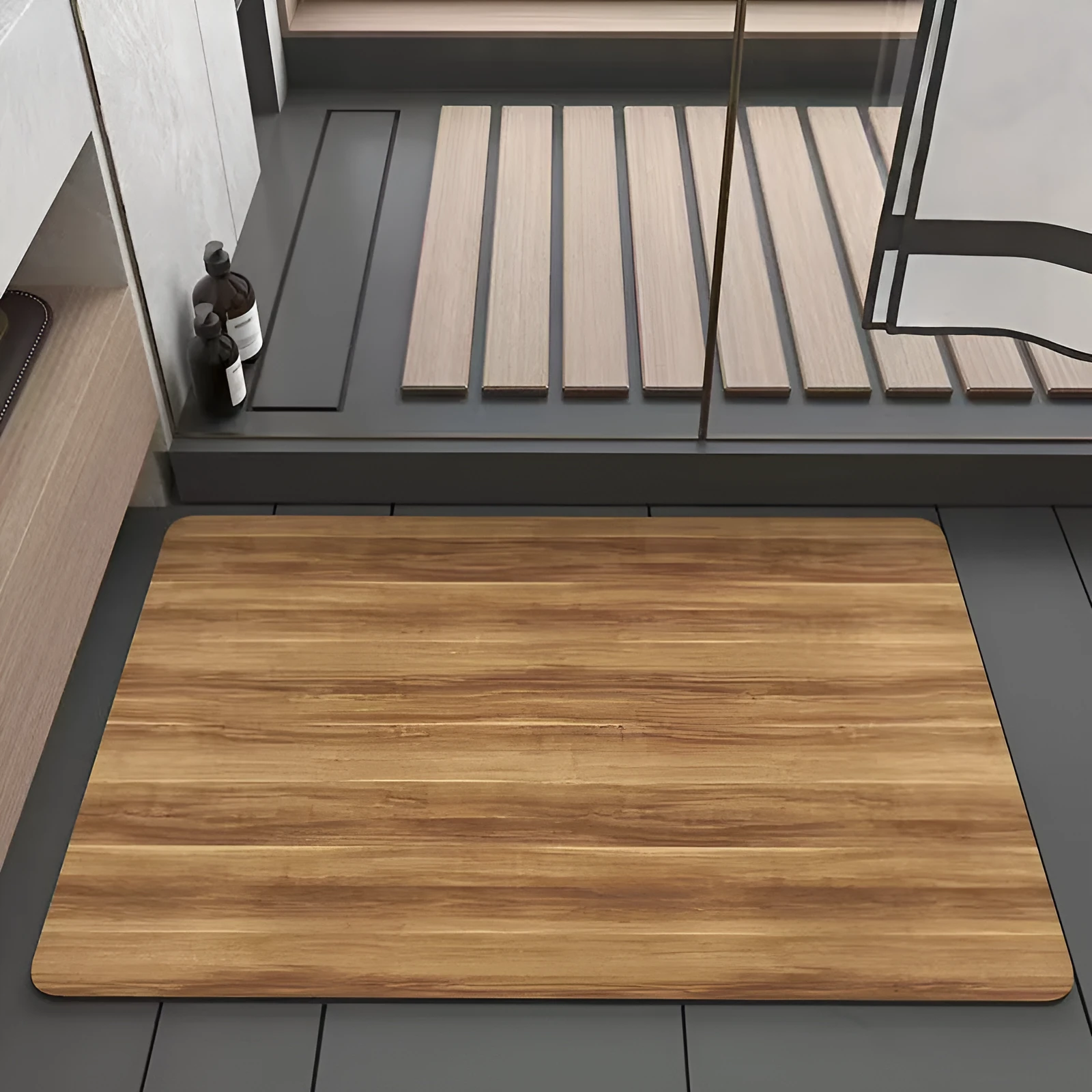 Square American style bathroom floor mat with wood grain geometric pattern in diatom ooze material.