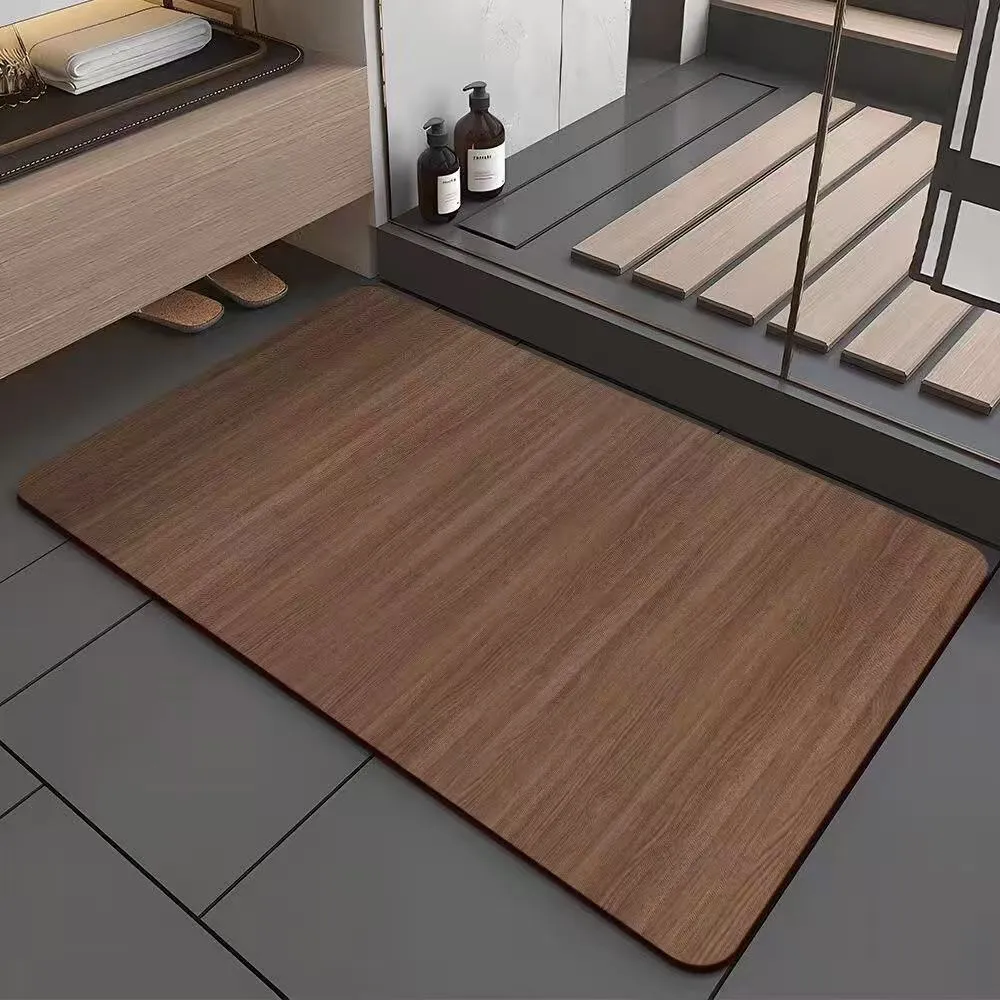 Square American style bathroom floor mat with wood grain geometric pattern in diatom ooze material.