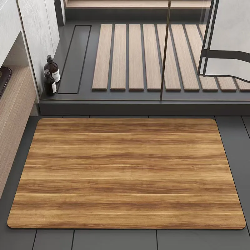 Square American style bathroom floor mat with wood grain geometric pattern in diatom ooze material.