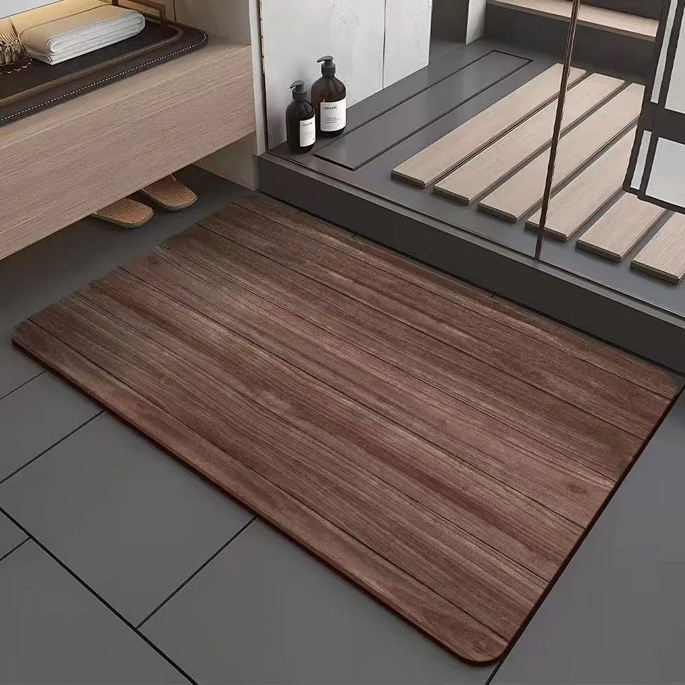 Square American style bathroom floor mat with wood grain geometric pattern in diatom ooze material.