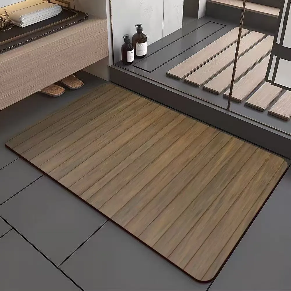 Square American style bathroom floor mat with wood grain geometric pattern in diatom ooze material.