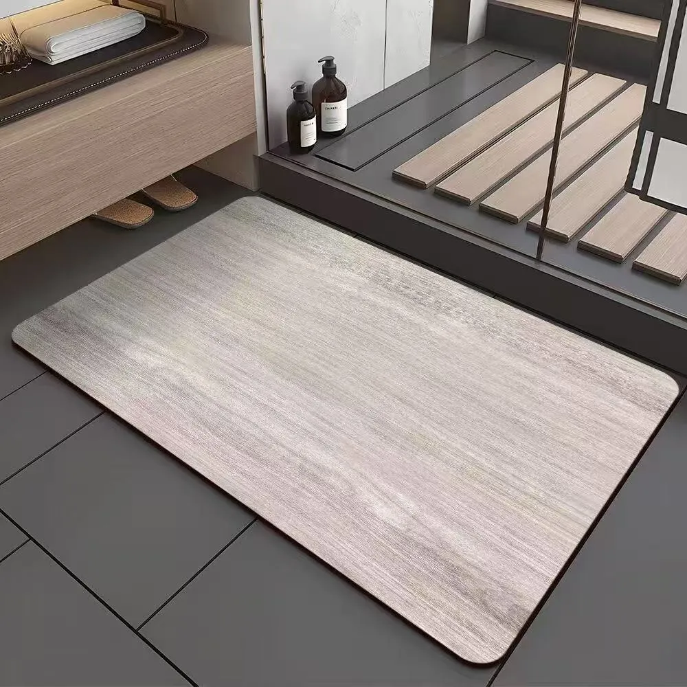 Square American style bathroom floor mat with wood grain geometric pattern in diatom ooze material.