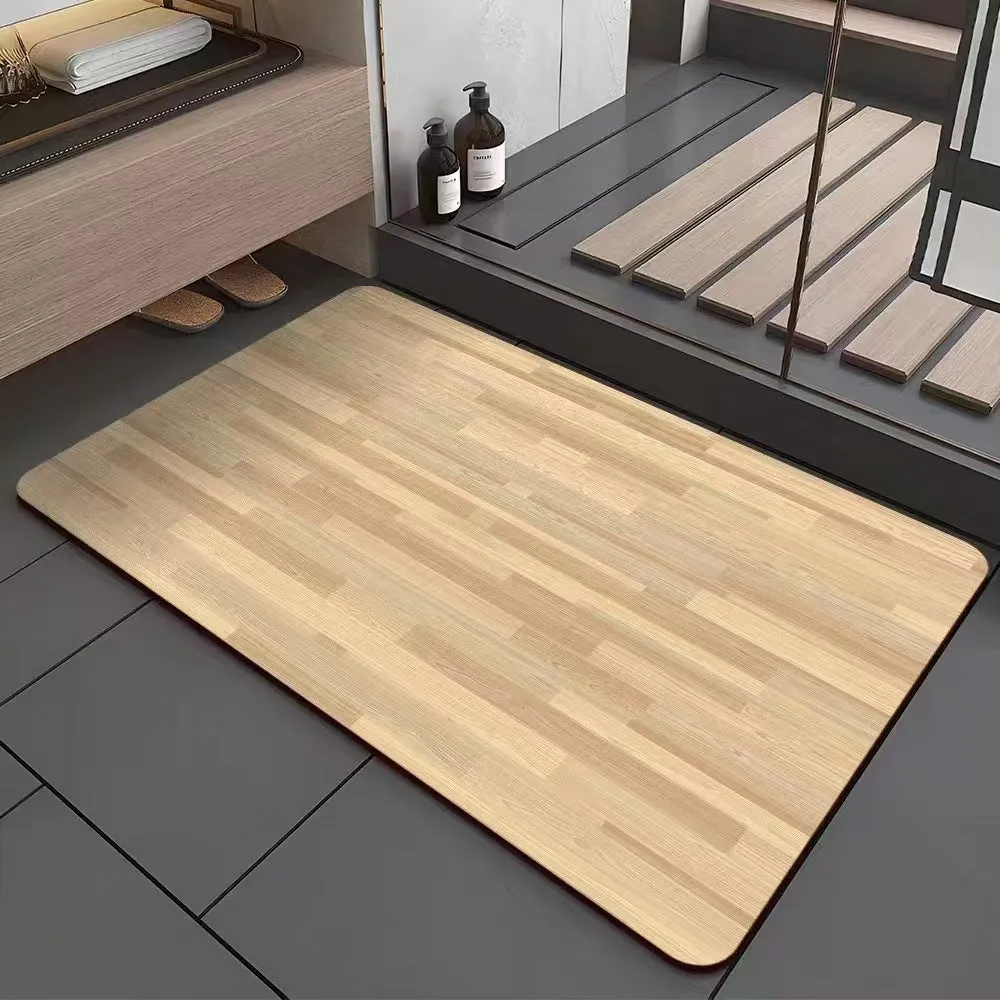 Square American style bathroom floor mat with wood grain geometric pattern in diatom ooze material.