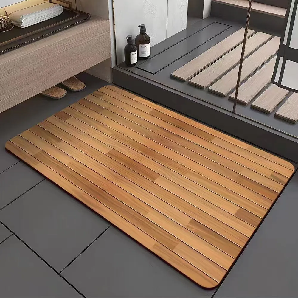 Square American style bathroom floor mat with wood grain geometric pattern in diatom ooze material.