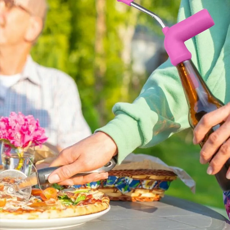 Beer snorkel straw in rose red, blue, and yellow for fast bottle drinking