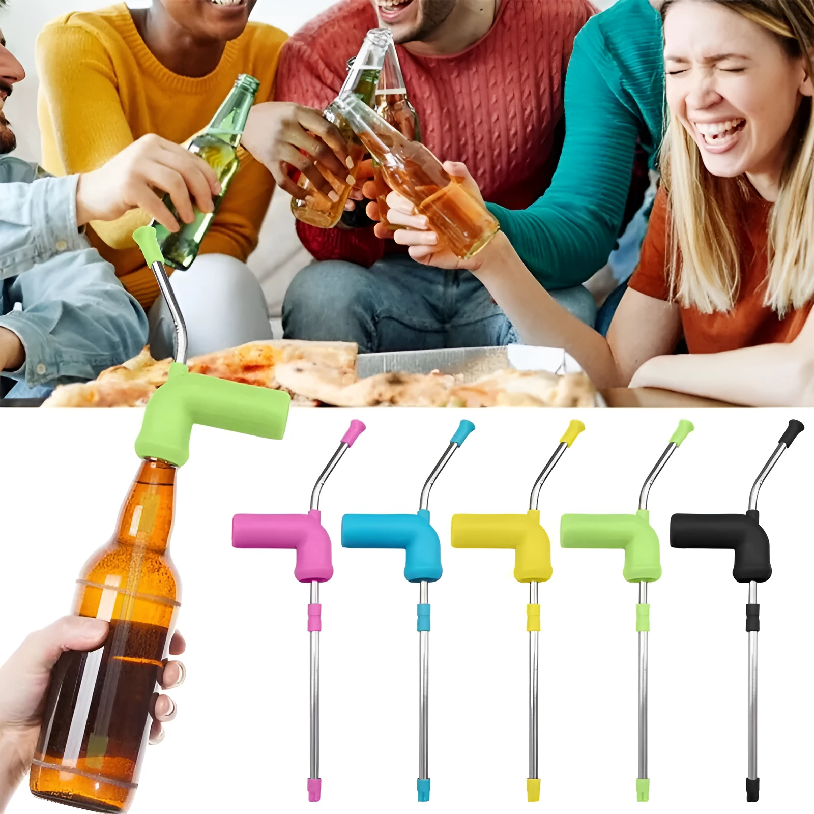 Beer snorkel straw in rose red, blue, and yellow for fast bottle drinking