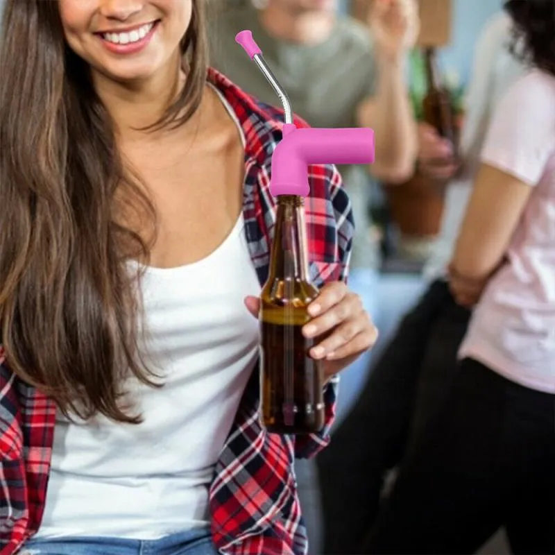 Beer snorkel straw in rose red, blue, and yellow for fast bottle drinking