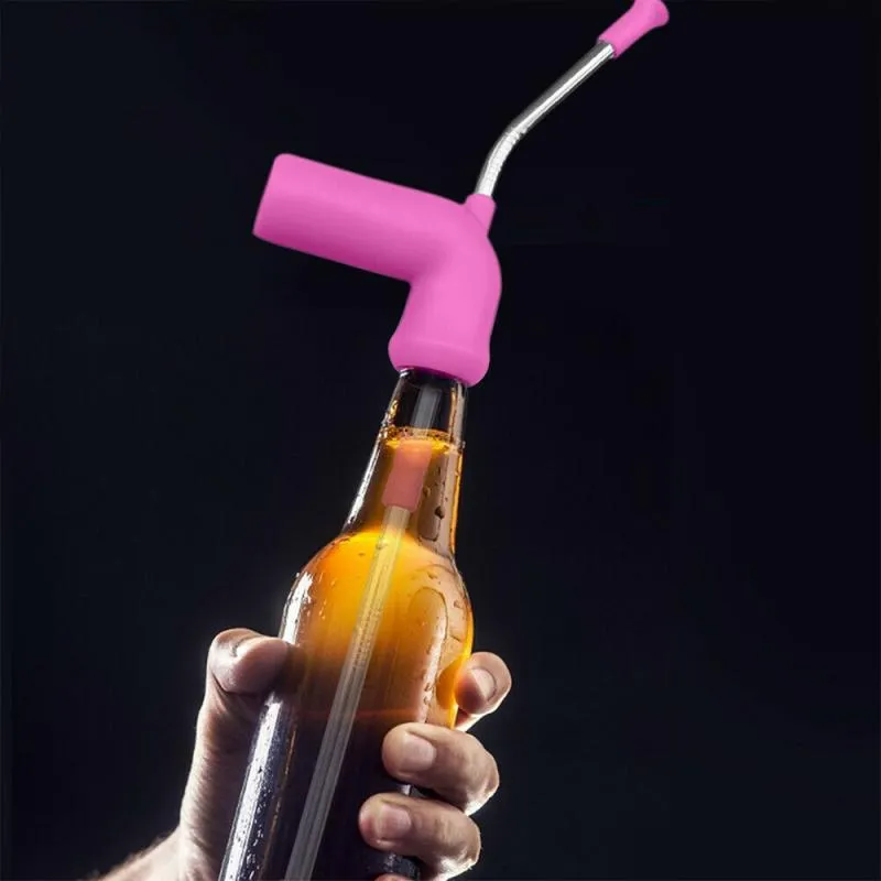Beer snorkel straw in rose red, blue, and yellow for fast bottle drinking