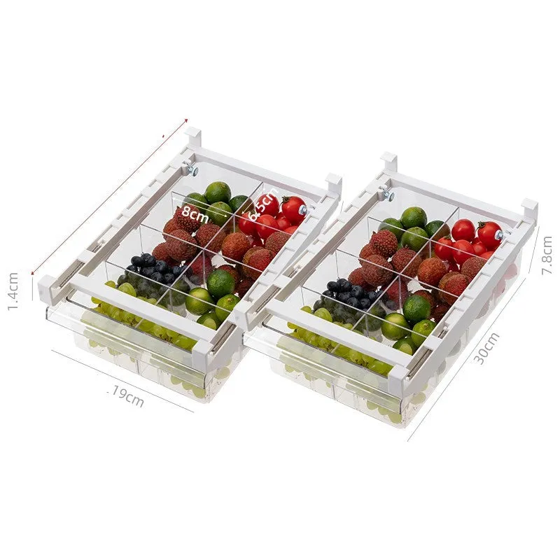 transparent plastic adjustable refrigerator storage rack with pull-out egg drawer and vegetable compartments