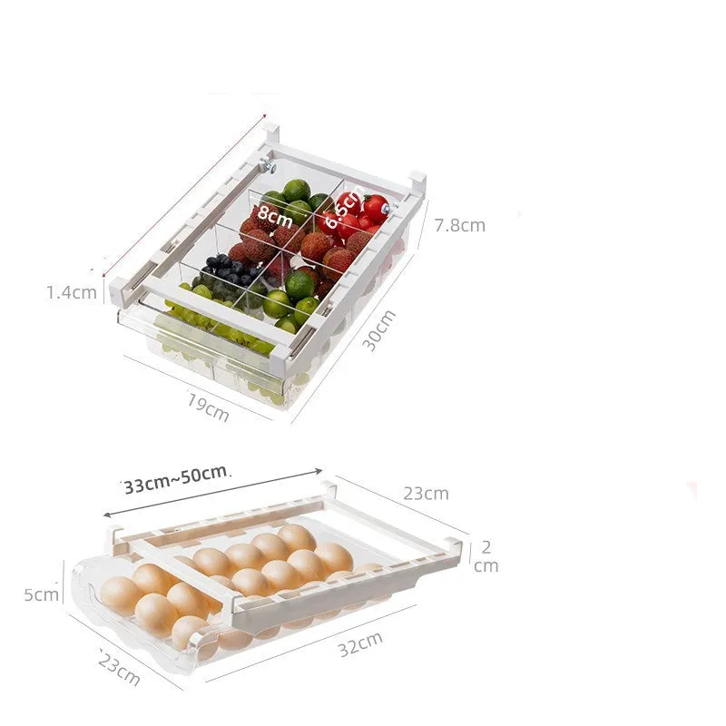transparent plastic adjustable refrigerator storage rack with pull-out egg drawer and vegetable compartments