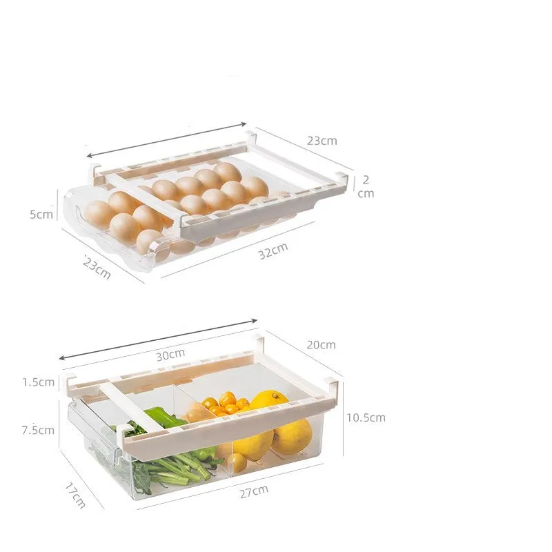 transparent plastic adjustable refrigerator storage rack with pull-out egg drawer and vegetable compartments