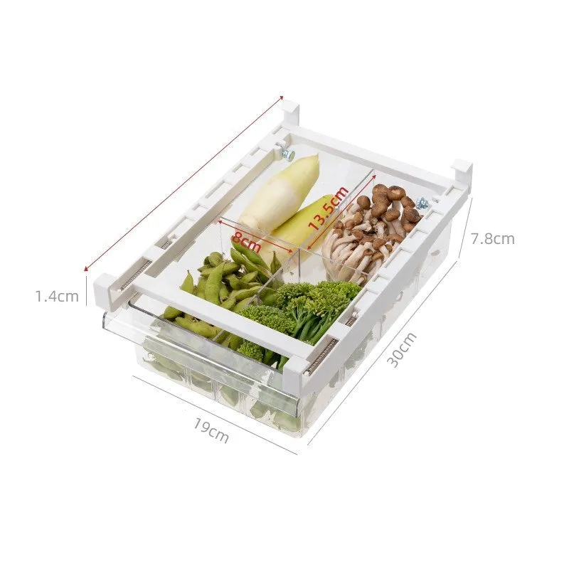 transparent plastic adjustable refrigerator storage rack with pull-out egg drawer and vegetable compartments