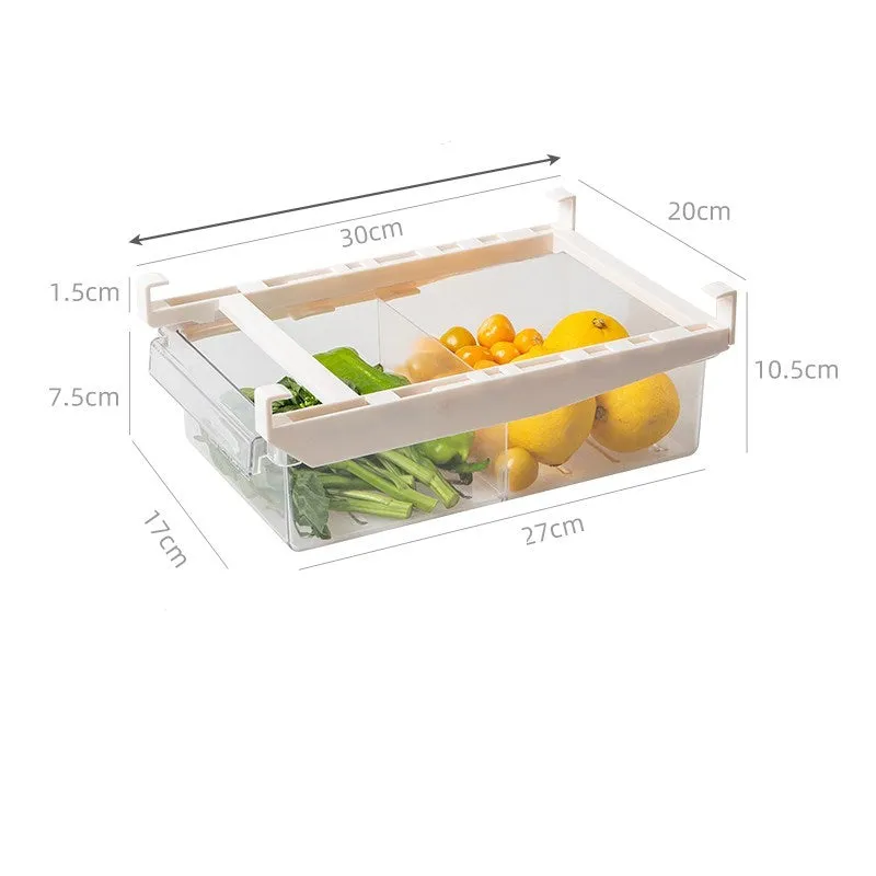 transparent plastic adjustable refrigerator storage rack with pull-out egg drawer and vegetable compartments