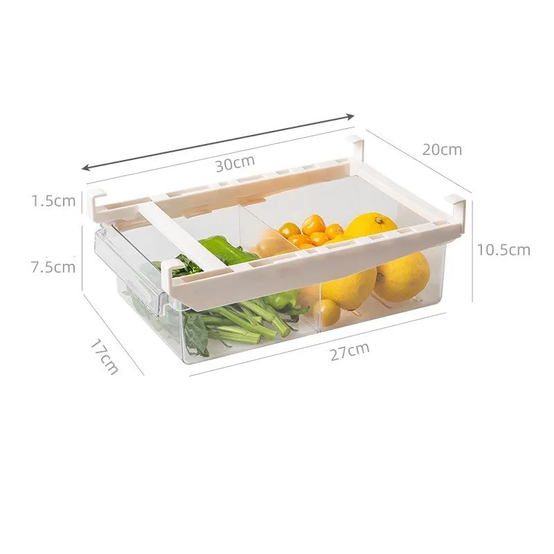 transparent plastic adjustable refrigerator storage rack with pull-out egg drawer and vegetable compartments