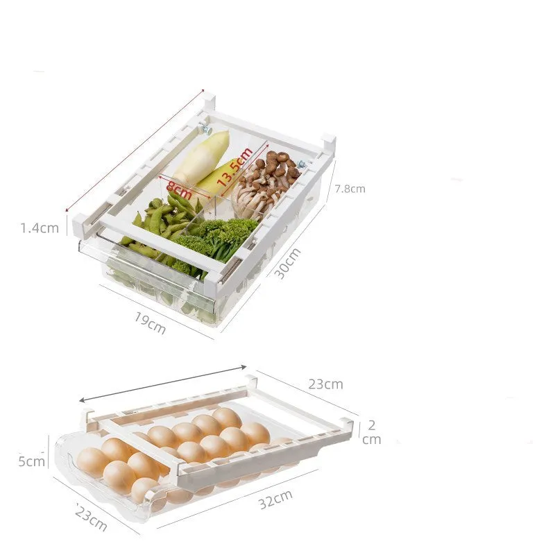 transparent plastic adjustable refrigerator storage rack with pull-out egg drawer and vegetable compartments