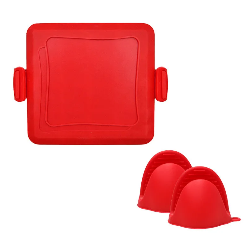 Silicone baking tray and anti-scald oven gloves set in red colour with colour box packaging