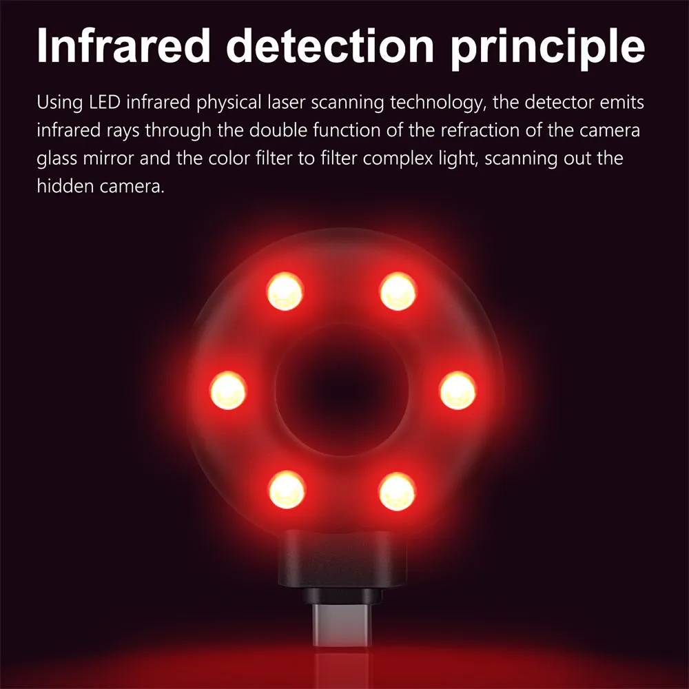 Anti-sneak camera detector wireless audio alarm in black plastic casing with Type-C port
