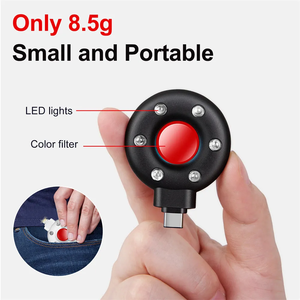 Anti-sneak camera detector wireless audio alarm in black plastic casing with Type-C port