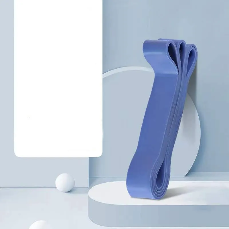 Set of five TPR stretch resistance bands in light blue, grey, pink, fruit green, and dark blue on a white background