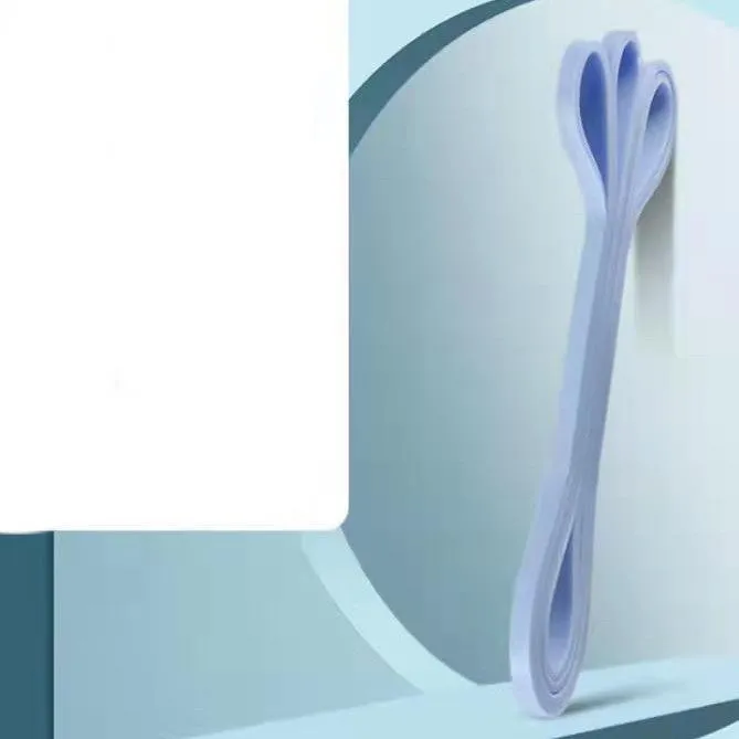 Set of five TPR stretch resistance bands in light blue, grey, pink, fruit green, and dark blue on a white background