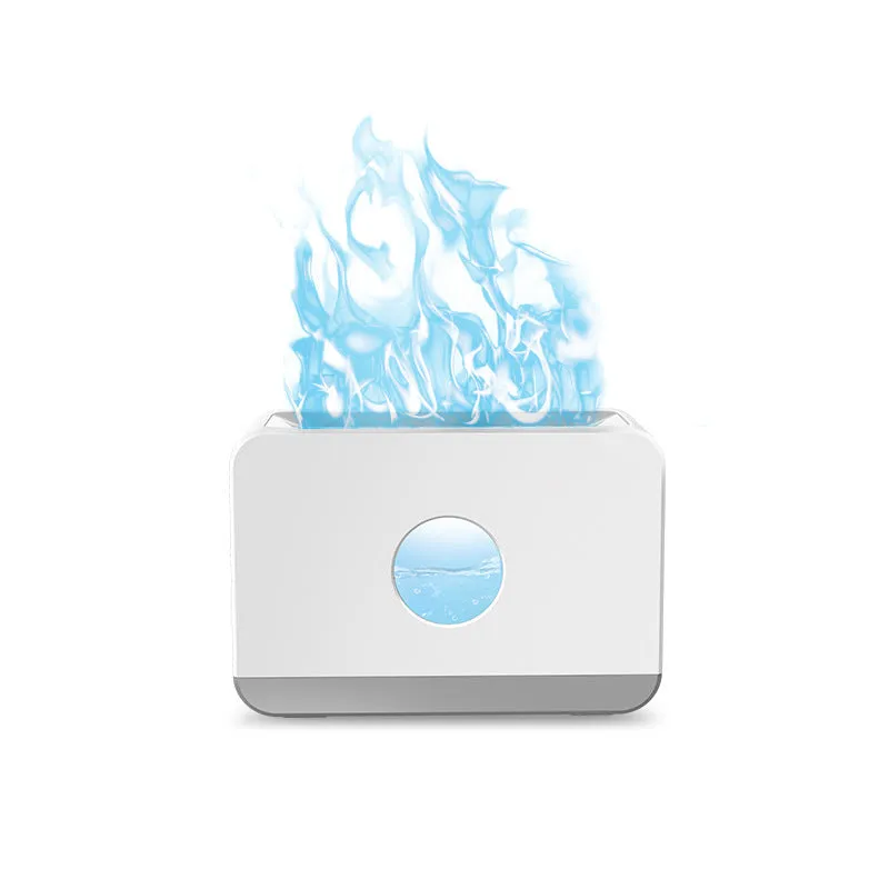 Two-colour flame aromatherapy humidifier with remote control, square plastic design, and water tank