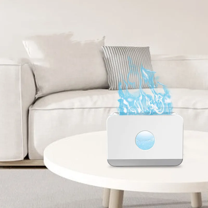 Two-colour flame aromatherapy humidifier with remote control, square plastic design, and water tank