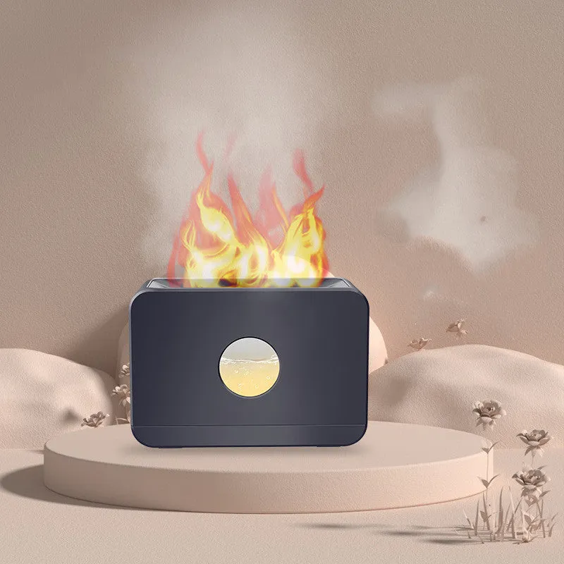 Two-colour flame aromatherapy humidifier with remote control, square plastic design, and water tank