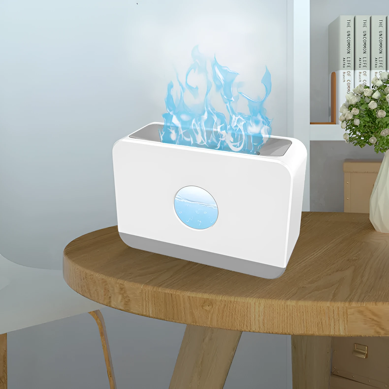 Two-colour flame aromatherapy humidifier with remote control, square plastic design, and water tank