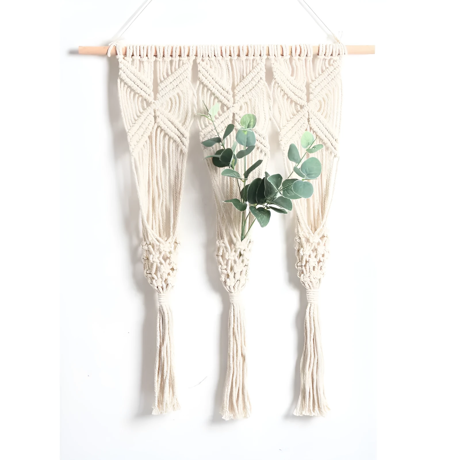 White hand-woven cotton rectangle tapestry 50x65cm with beech rod hung on wall showing grid pattern