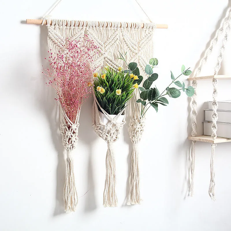 White hand-woven cotton rectangle tapestry 50x65cm with beech rod hung on wall showing grid pattern