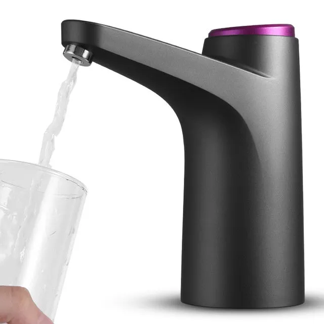 Dark grey touch automatic water dispenser on a kitchen countertop with soft hose and USB cable
