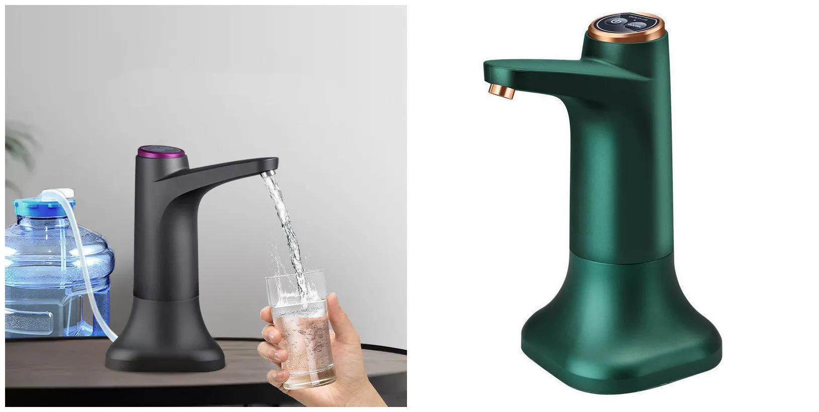 Dark grey touch automatic water dispenser on a kitchen countertop with soft hose and USB cable