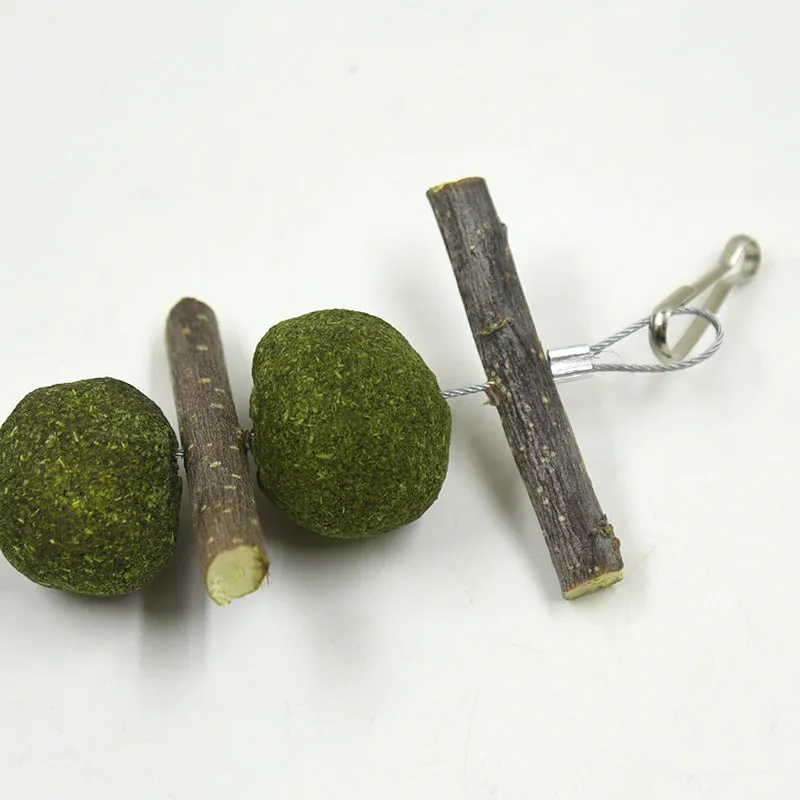 Set of five grass balls and six apple branch pet molar chew toys on a string, hanging against a plain background