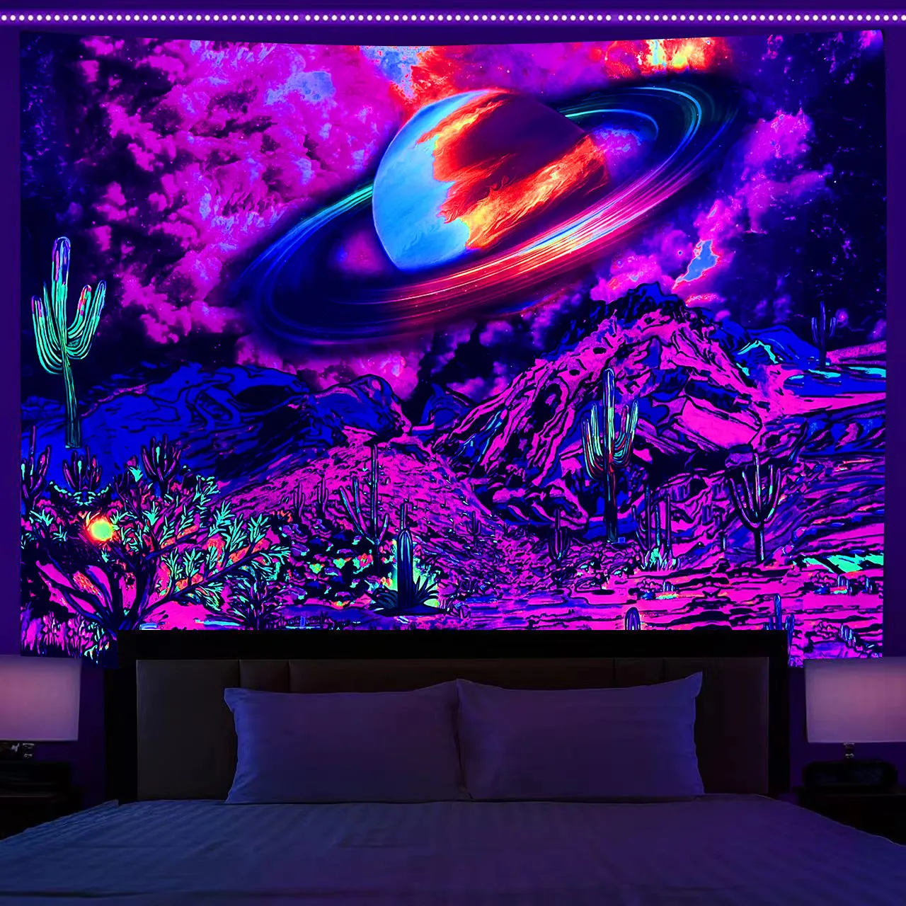 Fluorescent Tree of Life mushroom print polyester tapestry wall hanging in picture colour